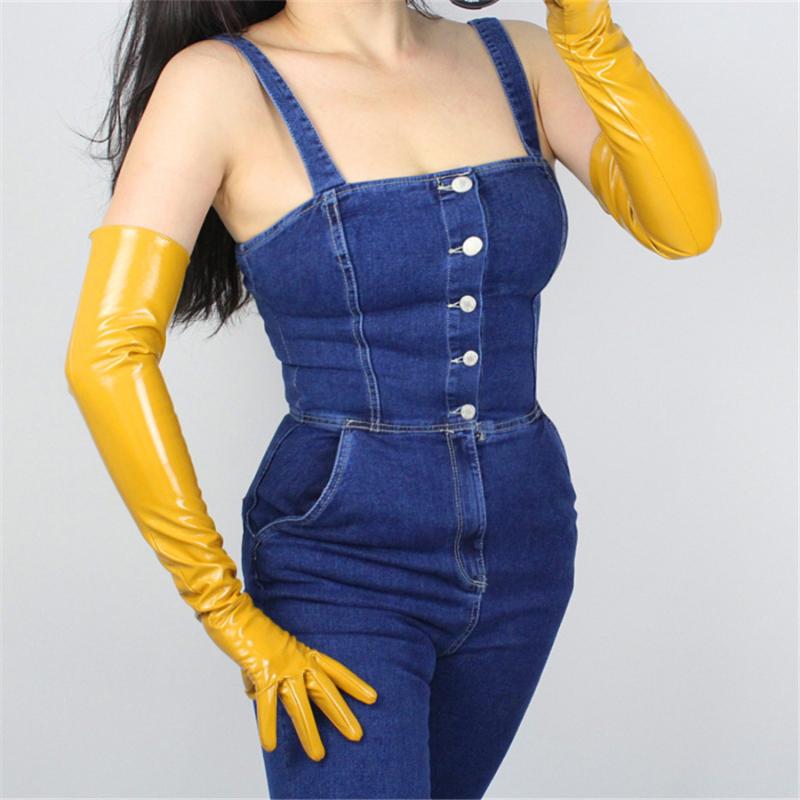 

Patent Leather Gloves 60cm Long Section Elbow Simulation Leather PU Gloves Bright Bright Ginger Yellow QPJH07