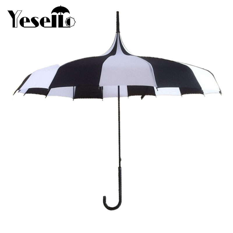 

Yesello 1PCS Black And White Women Big Large long Handle Gothic Classical Windproof Tower Pagoda Rain Umbrella, As pic