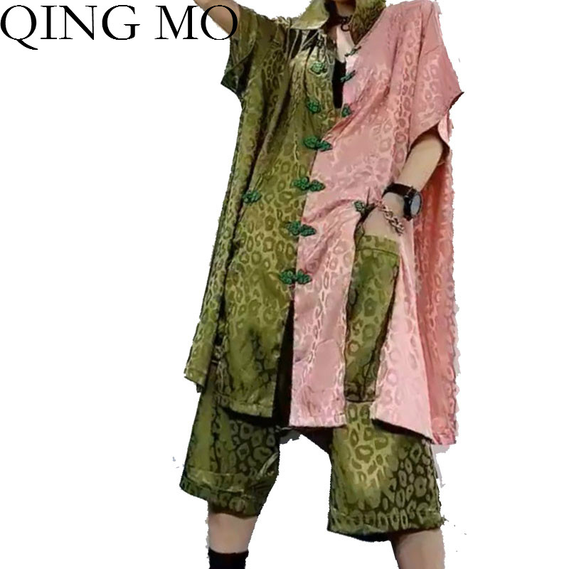 

QING MO Black Green Women Vintage Set 2020 Summer Women Patchwork Color T Shirt + Mid Calf Length Pants ZQY4354
