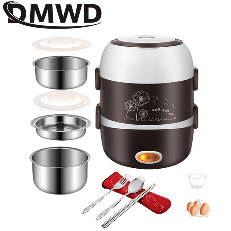 

DMWD Portable Electric Heating Lunch Box Mini Rice Cooker Stainless Steel 3 Layers Steamer Picnic Meal Container Warmer EU