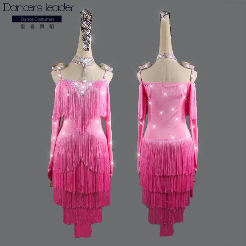 

2020 new women's Latin dance professional competition dress dance children's performance clothing long sleeves plus diamond halt, Pink