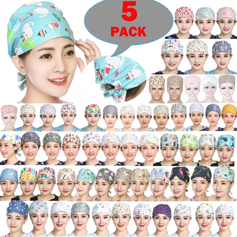 

5PCS/Lot Random Send Wholesale Women Men Scrub Cap Reuseable Working Caps Cotton Adjustable Breathable Scrubs Hats Hair Cover, As pic
