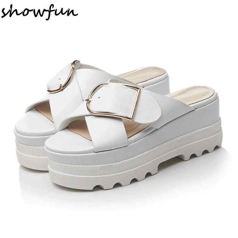 

Women's genuine leather thick sole platform flats sandals metal buckle cross strap thick sole casual summer beach sandals shoes, Black