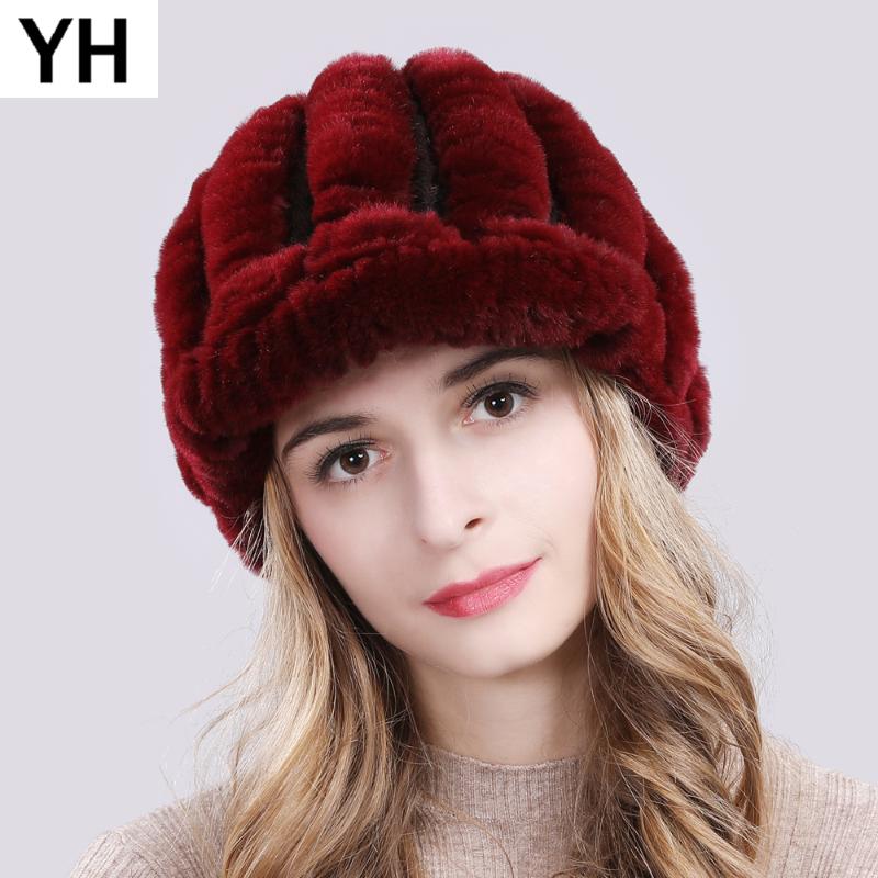 

2020 Hot Women Natural Rex Fur Hat Winter Rex Fur Beanies Hats Handmade Knitted Real Skullies Cap, Coffee and red