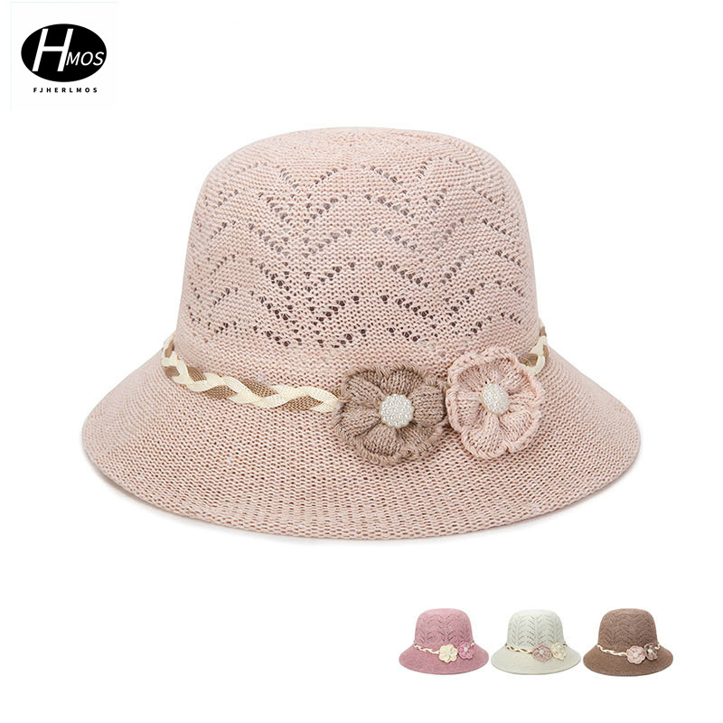 

FJHERLMOS summer hollow breathable ladies basin hat casual shade straw hat middle-aged pearl flower fashion sun, A3