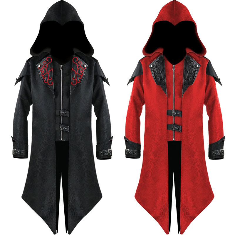 

20fw cosplay costumes medieval europe and america halloween retro splicing jacket fashion print men's dark costume size s-3xl, Black;red