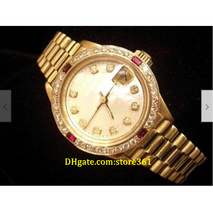 

20 style Casual Dress Mechanical Automatic 26mm Ladies 18K Yellow Gold President Watch White MOP Diamond Rubies, 16