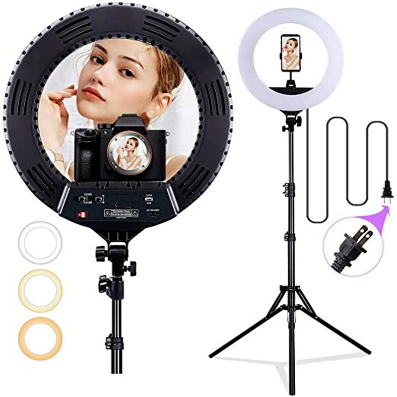 

18"Ring LED Light+Stand Selfie Lights 55W 5500K Dimmable Lamp Bulbs for Camera Photography Ring Lamp With Mirror/Tripod