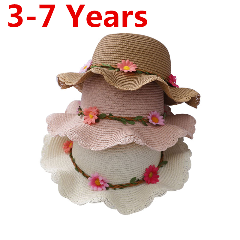 

Girls Summer Hats Straw Baby Sun Hat With flowers Kids Brim Sunbonnet Children Chapeau Enfant, White