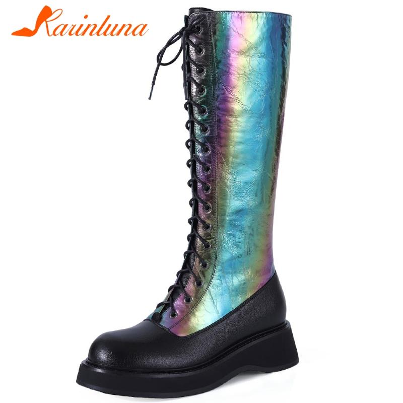 

Karin High Quality Hot Sale woman shoes Genuine Leather Knee High Boots Mixed Color Square Thick Heels Cross-tied Autumn, Black