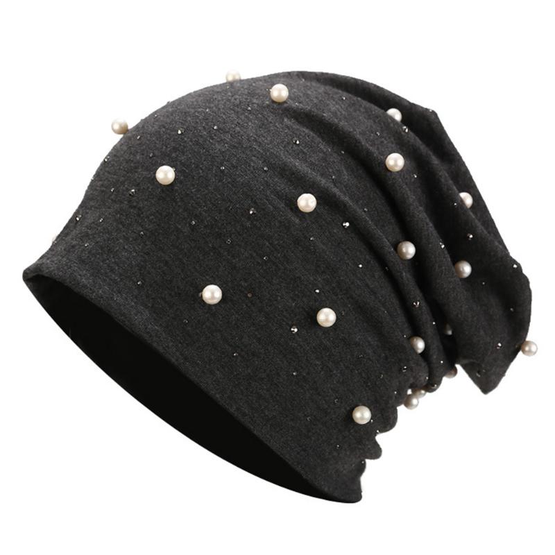 

Women Warm Adults Decoration Shine Pearls Beanie Hat Cotton Blend Autumn Fashion Wrap Elegant Casual Elastic Rhinestones, Black
