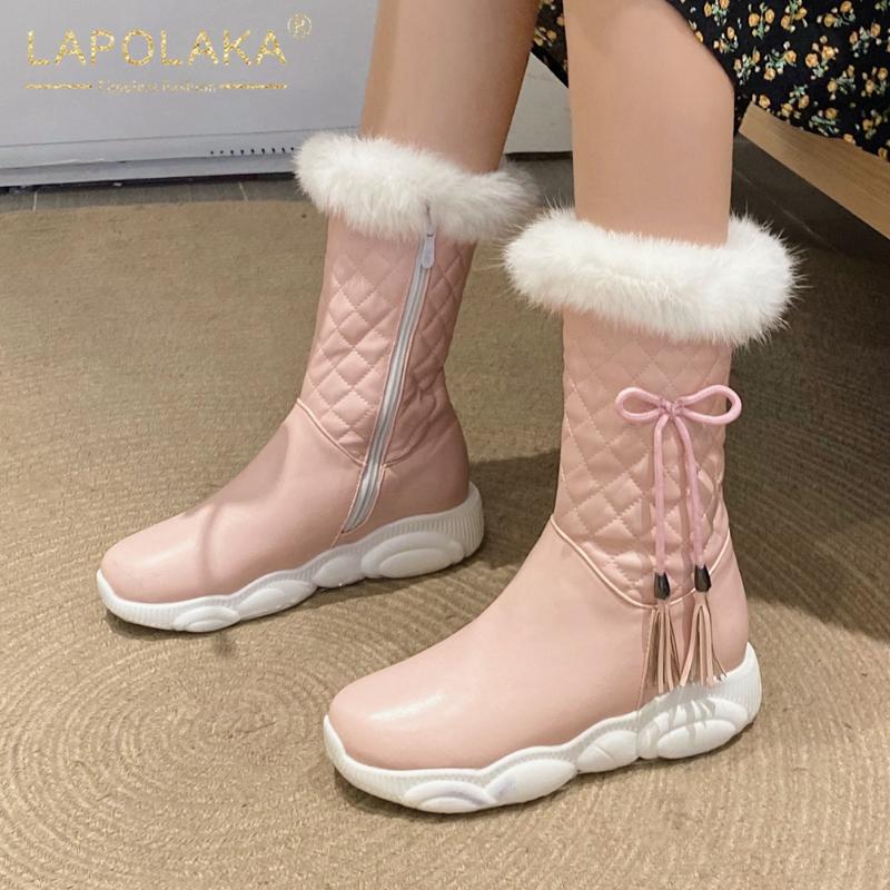 

Lapolaka 2020 New Fashion Plus Size 46 Platform Mid Calf Boots Woman Shoes Sweet Bowtie Zip Up Add Fur Snow Boots Female, Black