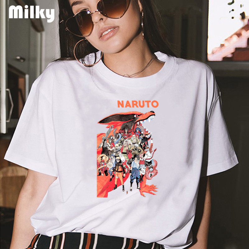 

Naruto women' T-shirt printed Harajuku Short Sleeve Japanese Anime Loose women shirts white fashion tops Vintage T-shirt