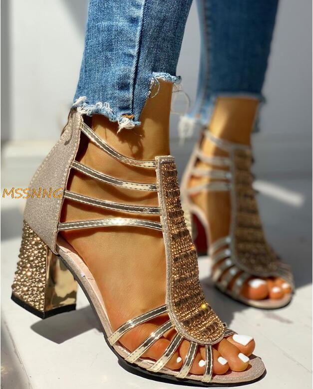 

New Summer Women's Sandals High Heels Bling Crystal Fashion Gladiator Ladies Shoes Square Heel Peep Toe Women's Sandals, Gold
