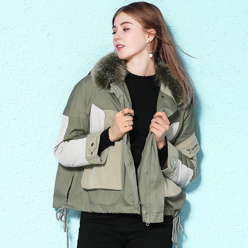 

Janveny Liner Detachable Down Coat Women Winter Short Puffer Jacket 2020 Natural Fur Collar 90% White Duck Down Parkas, Army green