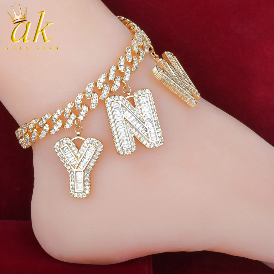 

Custom Name Baguette Letters With 10MM Cuban Chain Anklet For Women Gold Color Zircon Hip Hop Rock Jewelry Replaceable
