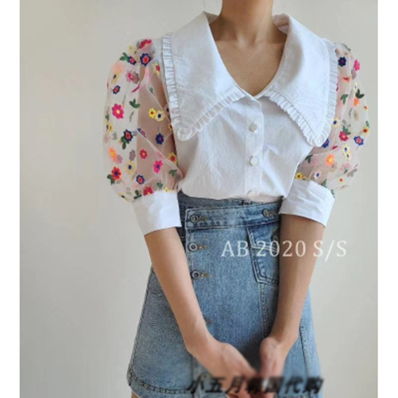 

Fashion Embroidery mesh Patchwork Women Blouse Temperament Office Lady Single Breated Puff Sleeve Shirt Casual Summer Tops Blous, Black