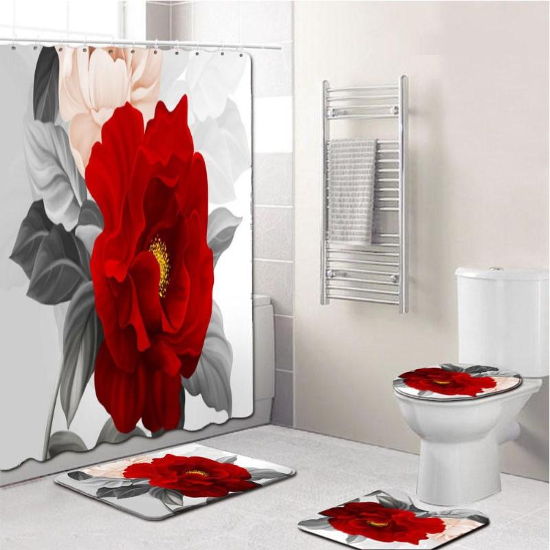 

30 4Pcs/Set Elegant Flowers Pattern Shower Curtain Mat Set Non Slip Rugs Carpet for Bathroom Toilet Bath