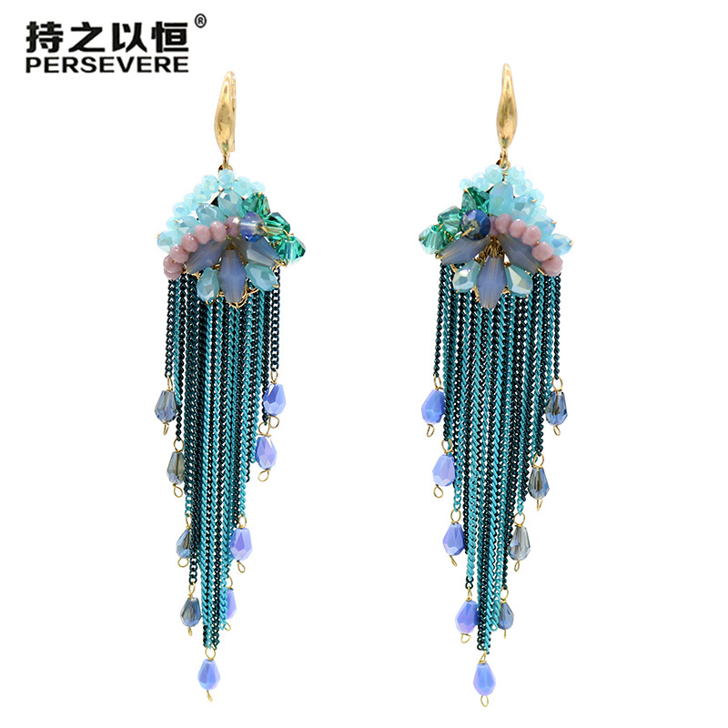 

Trendy Chain Tassel Earrings Hand Made Crystal Drop Long Earrings For Women Boho Statement Fashion Jewelry