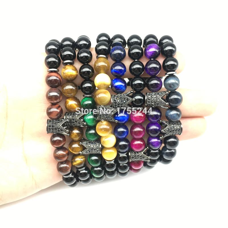 

CZ0063 Hot Sale Men`s Crown Zircon Charm Bracelet Trendy Natural Tiger Eye Stone Energy Powerful Bracelet Free Shipping