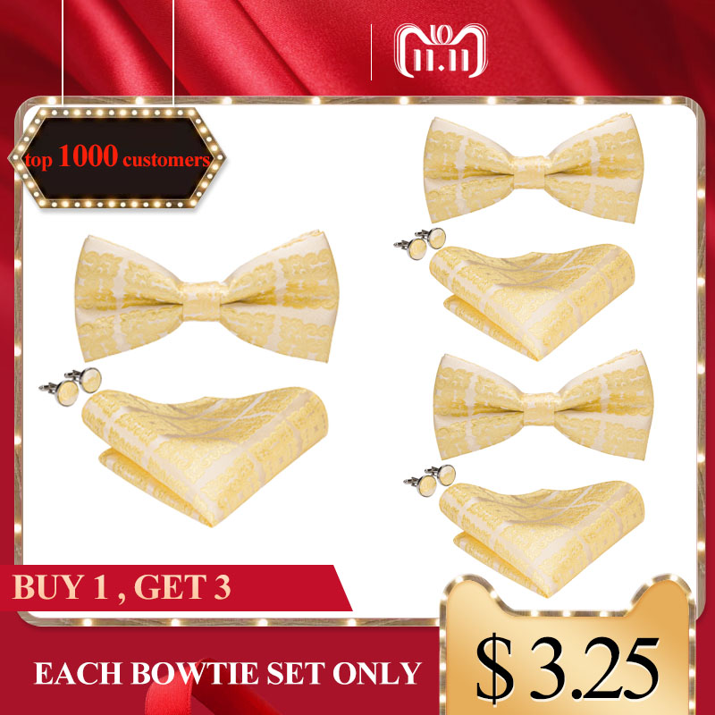 

Men Gold Bowtie Floral Bows Yellow Silk Bow Tie Set Pre-tied Bows Male Butterfly Tie Cufflinks for Wedding Party Barry.Wang