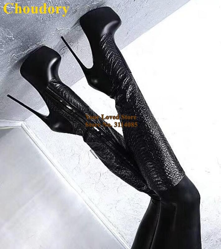 

Choudory Black Snakeskin Knee High Boots Sky-high Thin Heels Platform Dress Boots Patchwork Women Long Fall Winter Shoes, Customized contact