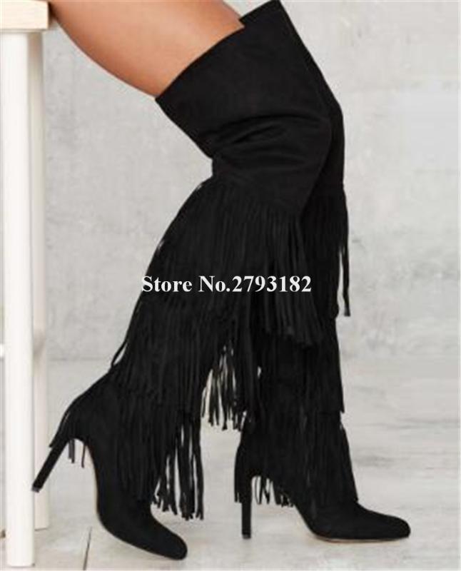 

Ladies Sexy Pointed Toe White Black Camel Suede Leather Long Tassels Super Thin Heel Over Knee Boots Fringed High Heel Long Boot, As picture
