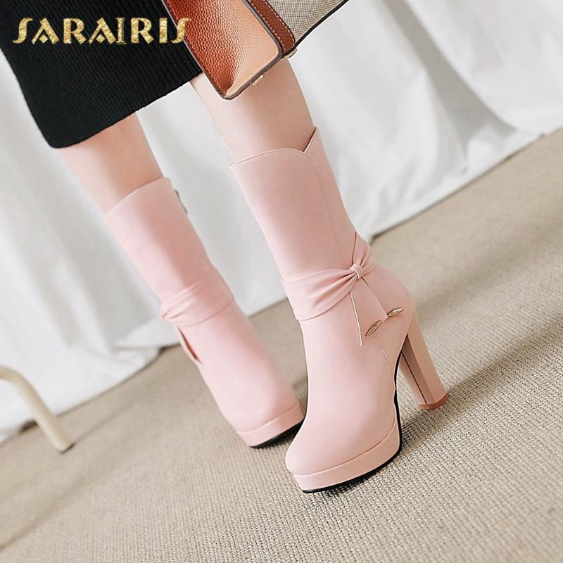 

Sarairis New Fashion 2020 Big Size 43 Chunky High Heels Winter Shoes Woman Boots Platform Zip Up Mid-Calf Boots Footwear, Beige