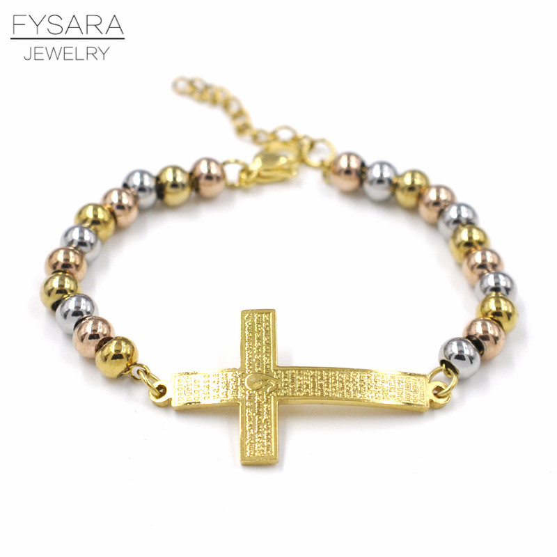 

FYSARA Mix/Gold Bible Cross Heart Charm Cuff Bracelets Stainless Steel Rosary Beads Bracelets & Bangles Unisex Religion Pulseira