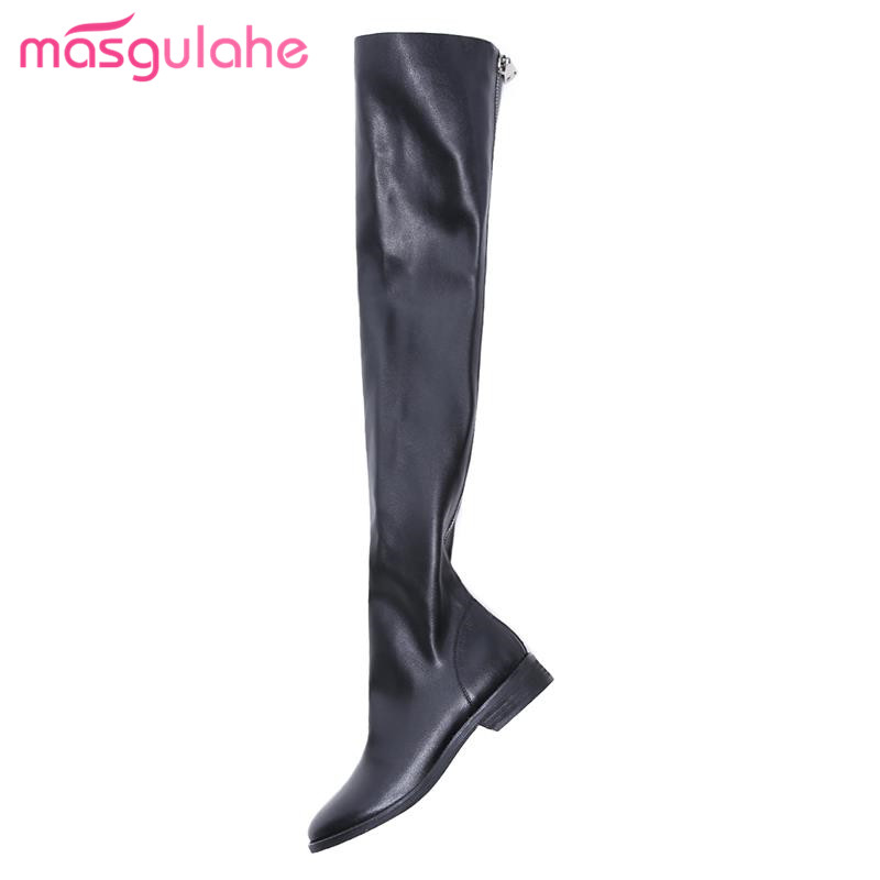 

Masgulahe novelty woman genuine leather boots round toe over the knee boots low thick heels autumn delicate womens shoes, Black 1