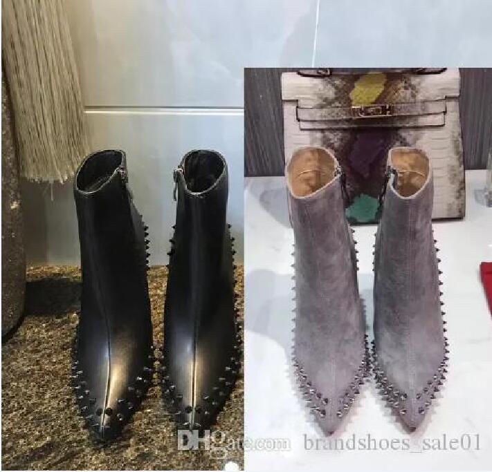 

New Luxury Black red Leather with Spikes Pointed Toes Womens Ankle Boots Fashion Designer Sexy Ladies Red Bottom High Heels Shoes Pumps