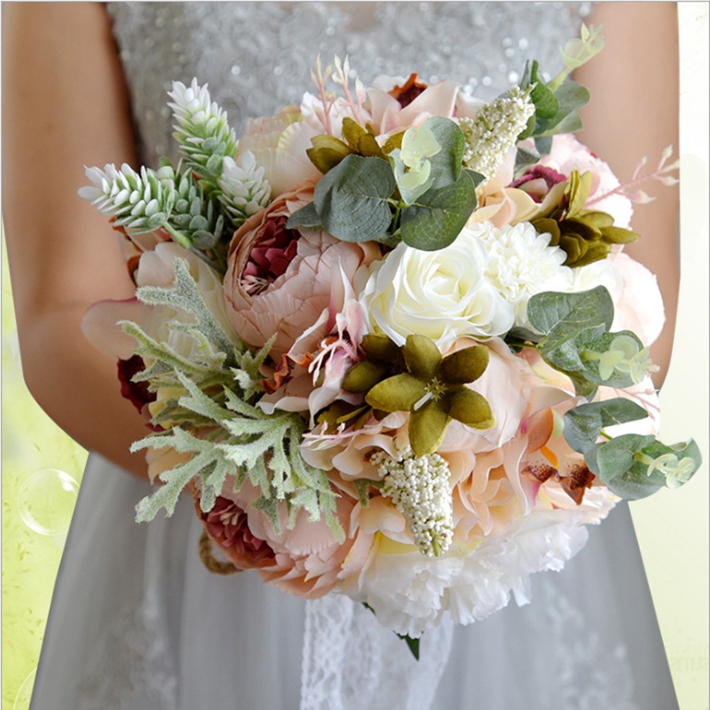 

Bride Wedding Bouquet Bridesmaid Holding Bouquet Wedding Supplies Artificial Silk Rose Peony Pink Flower Table Decoration, Blue