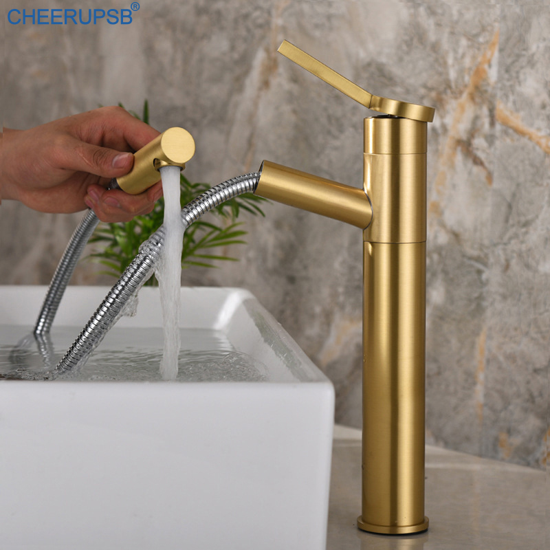 

Wash Basin Pull Out Faucet Hot Cold Water Mixer Gold Tap Bathroom Single Hole Deck Mounted Washbasin Faucets Luxury Brass Taps