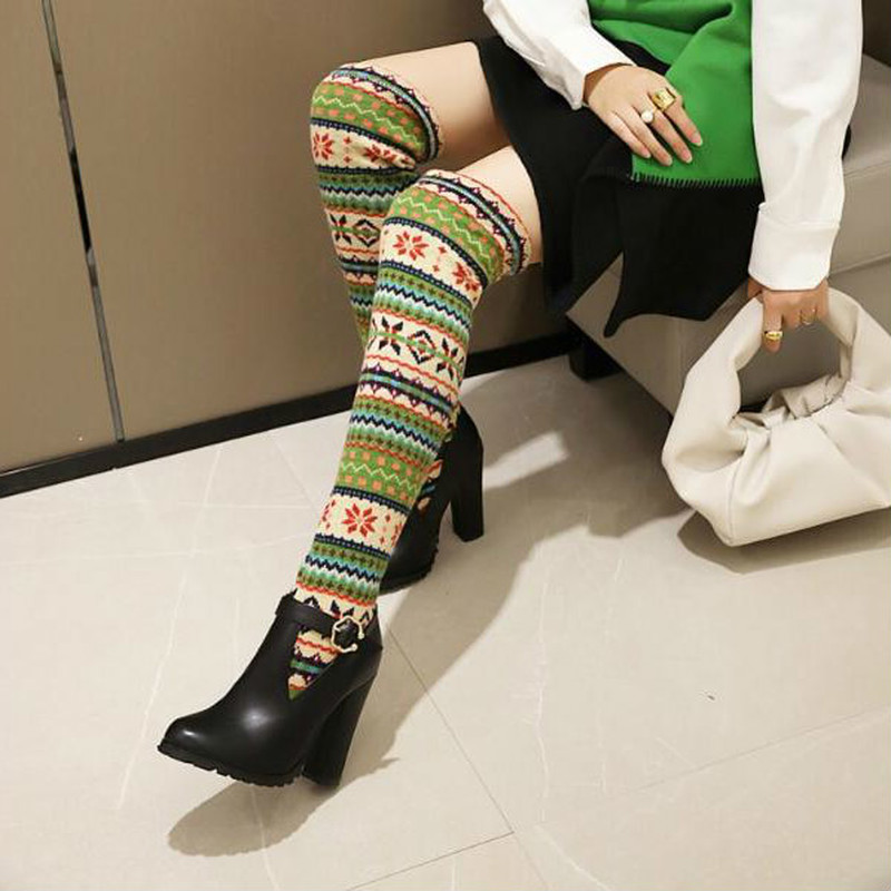 

Women knee high boots high heels autumn winter snow warm slip on shoes plus size gladiator booties woman mujer zapatos D2077, Red