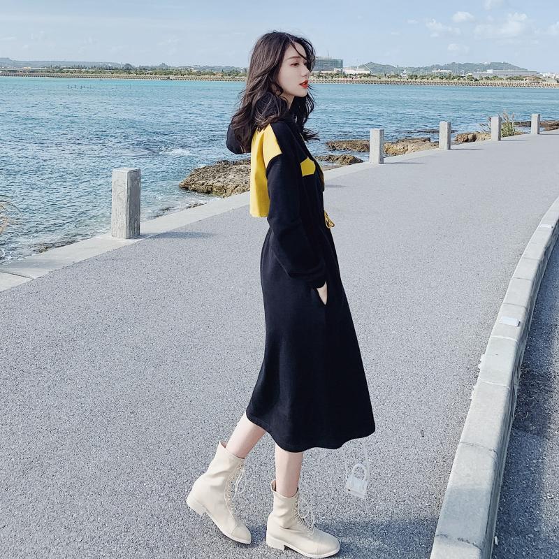 

Ins Funny Sense Of Design Black Yellow Contrast Color Joint Over-The-Knee Loose-Fit Drawstring Waist Hugging Hoodie /40, Black panel yellow