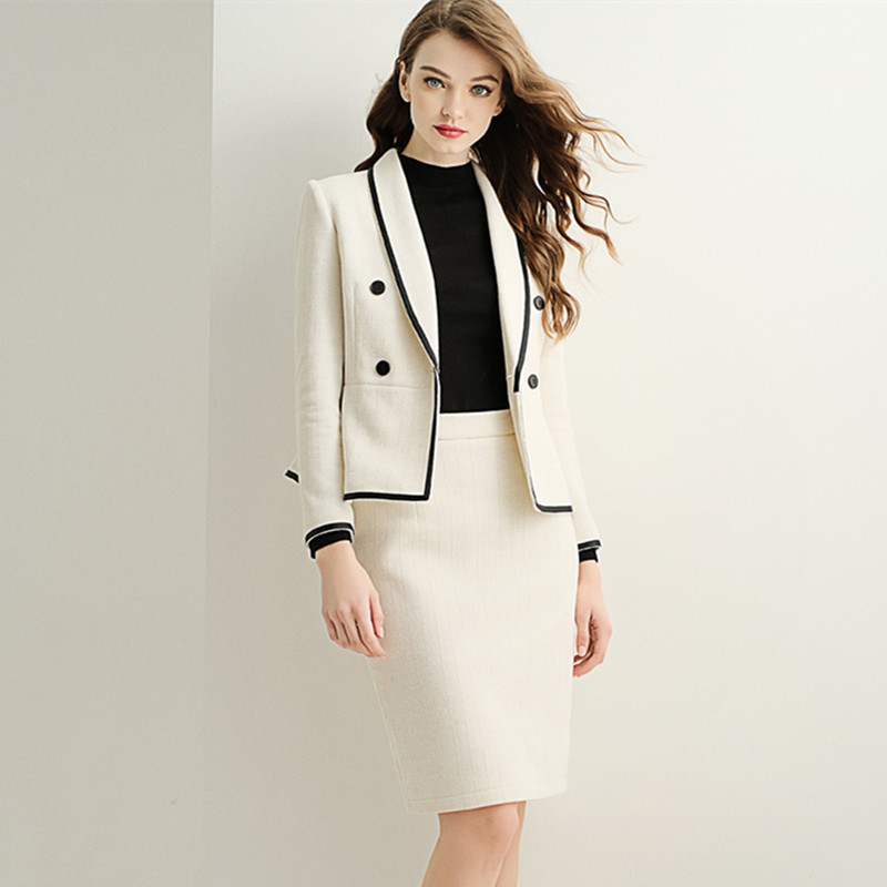 

Women Suits Office Sets Skirt Two Piece Jacket Blazer Top Pencil Midi Skirts Office Ladies Elegant Formal Autumn Winter Clothes, White