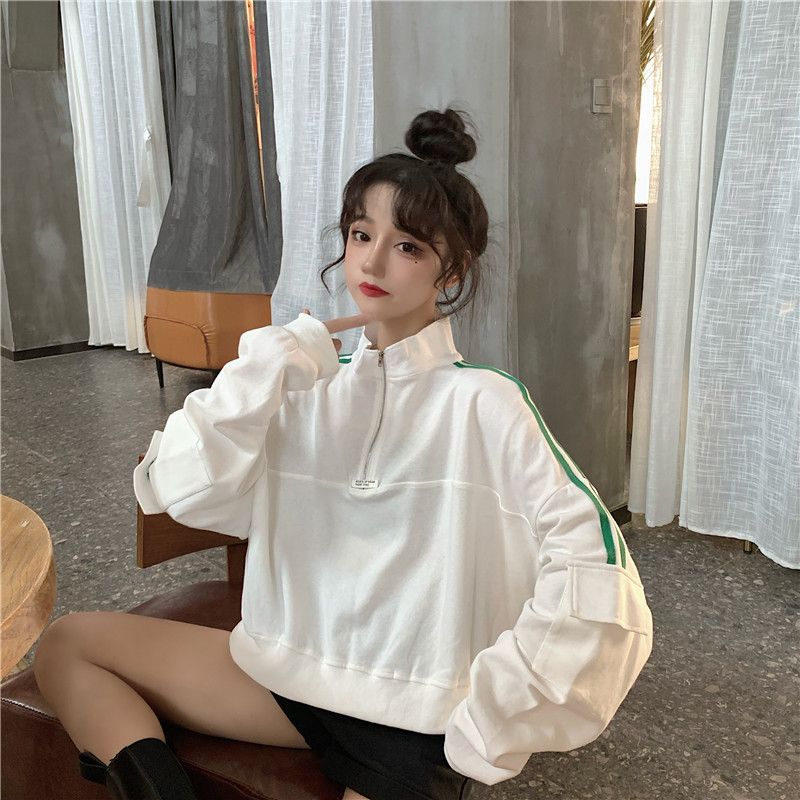 

2020 autumn college style loose solid color half high neck zipper pullover long sleeve sweatshirt women, Black