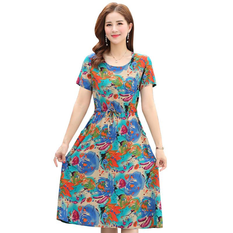 

New Summer dress 2020 fashion short sleeve o-neck casual women dress vintage floral print dresses female plus size, Color 43