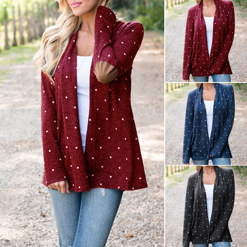 

Womens Splicing Dot Print Cardigan Coat Casual Loose Long Sleeve Coat TC21, Black