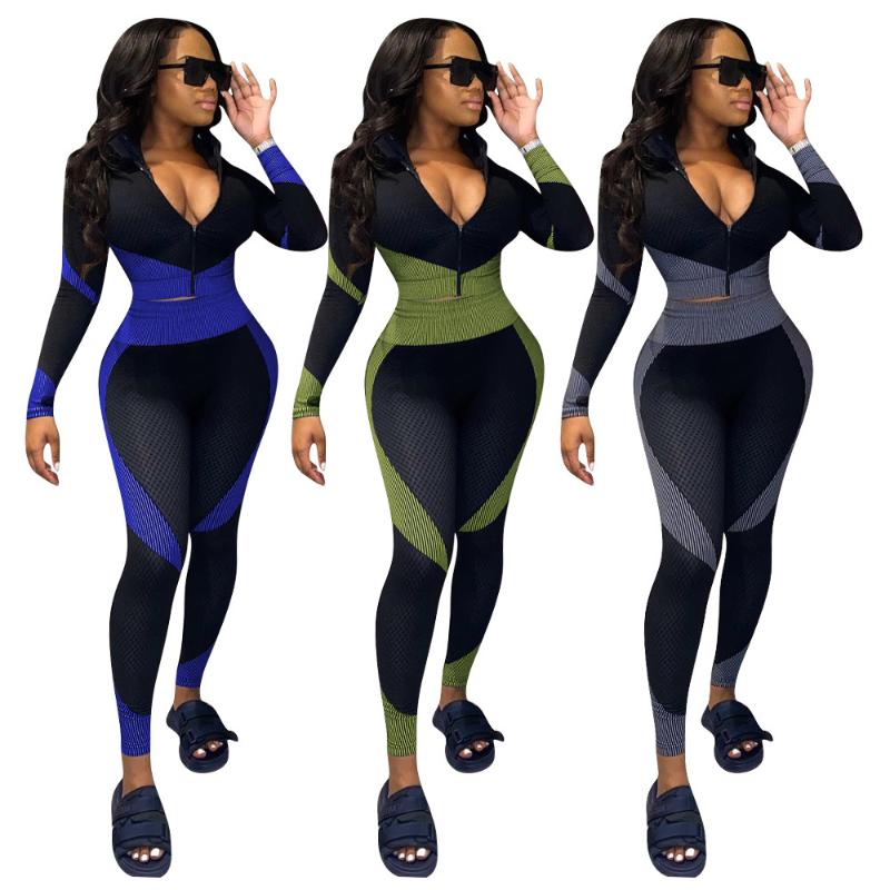 

Echoine Women Striped Print Sport Set Long Sleeve Zipper Tops Jogger Pants Suit Tracksuit Biker Two Piece Set Fitness Outfit, Army green