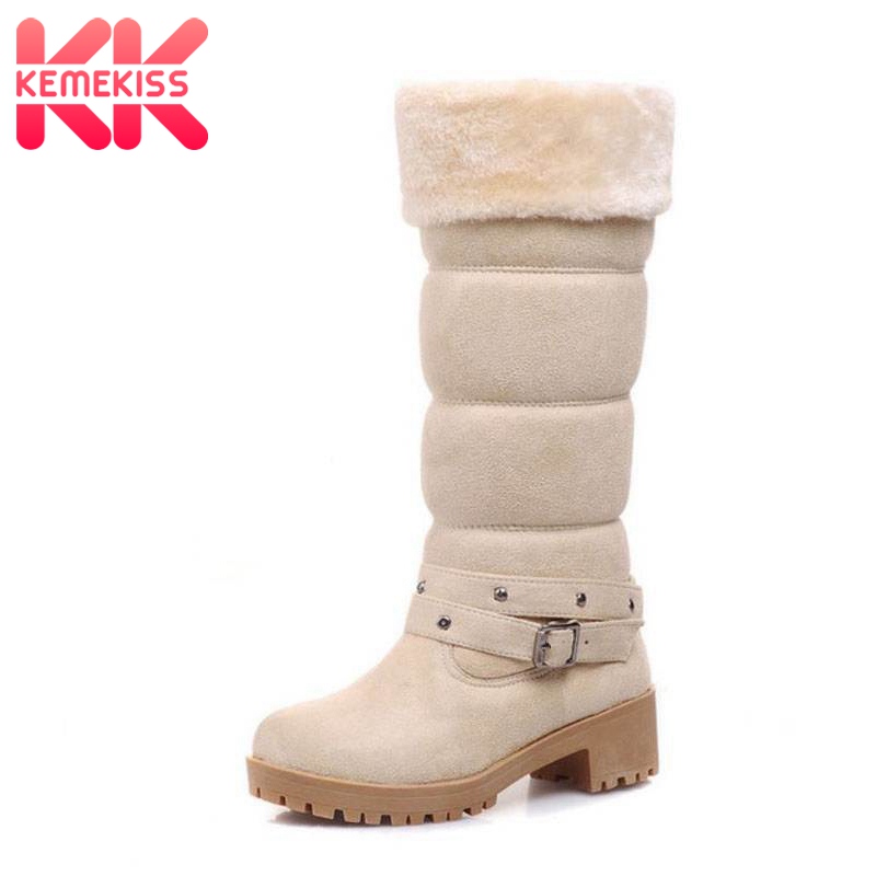 

KemeKiss Winter Knee High Snow Boots Women Plush Fur Keep Warm Cotton Shoes Women High Heels Buckle Platform Boots Size 35-43, Beige