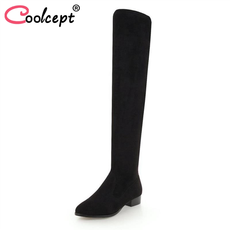 

CoolCept Plus Size 33-48 Women Thigh High Boots Fashion Warm Fur Shoes Woman Round Toe Flats Boots Winter Zipper Long Boot, Black 1