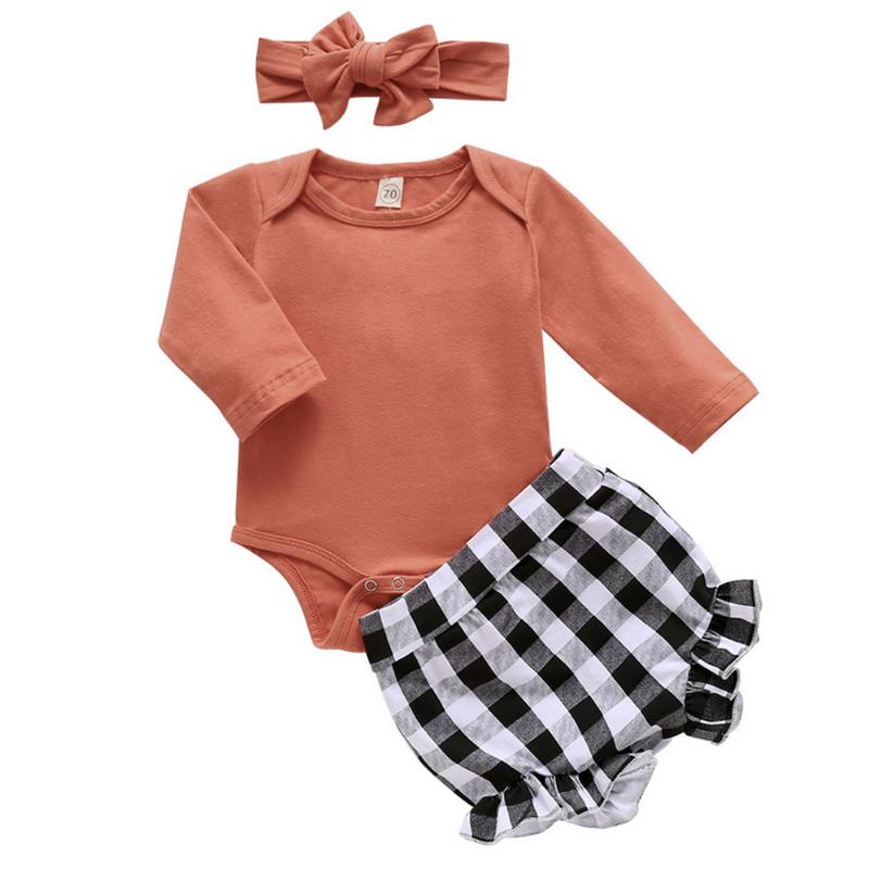 

Newborn Baby Girls Clothes Set Autumn Long Sleeve Tops And Plaid Printed Bodysuit Headband 3pcs Outfits Infant Clothing D30, Tangerine pink
