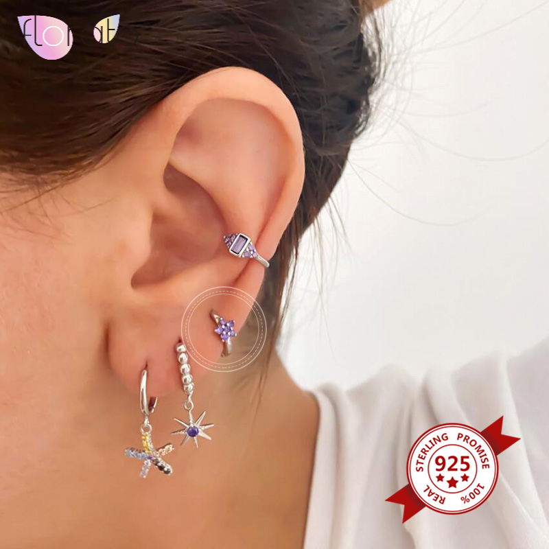 

Simple Cute INS Small Circle Earrings for WomenPurple/White Zircon 925 Sterling Silver Hoop Earrings Minimalist Gold Jewelry