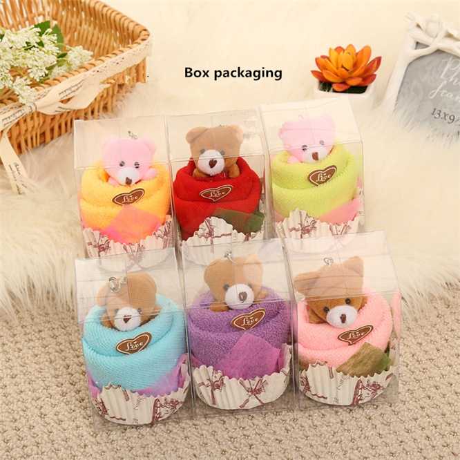 

10Sets Cartoon Towels Mini Bear Cup Cake Box Pack 30x30cm Microfiber fabric Hand Towels Face Washing Towel Party Wedding Gifts, Bag packaging