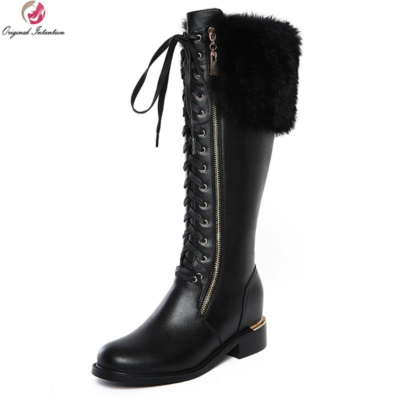 

Original Intention Elegant Women Knee High Boots Round Toe Height Increasing Boots High-quality Black Shoes Woman US Size 4-10, D585