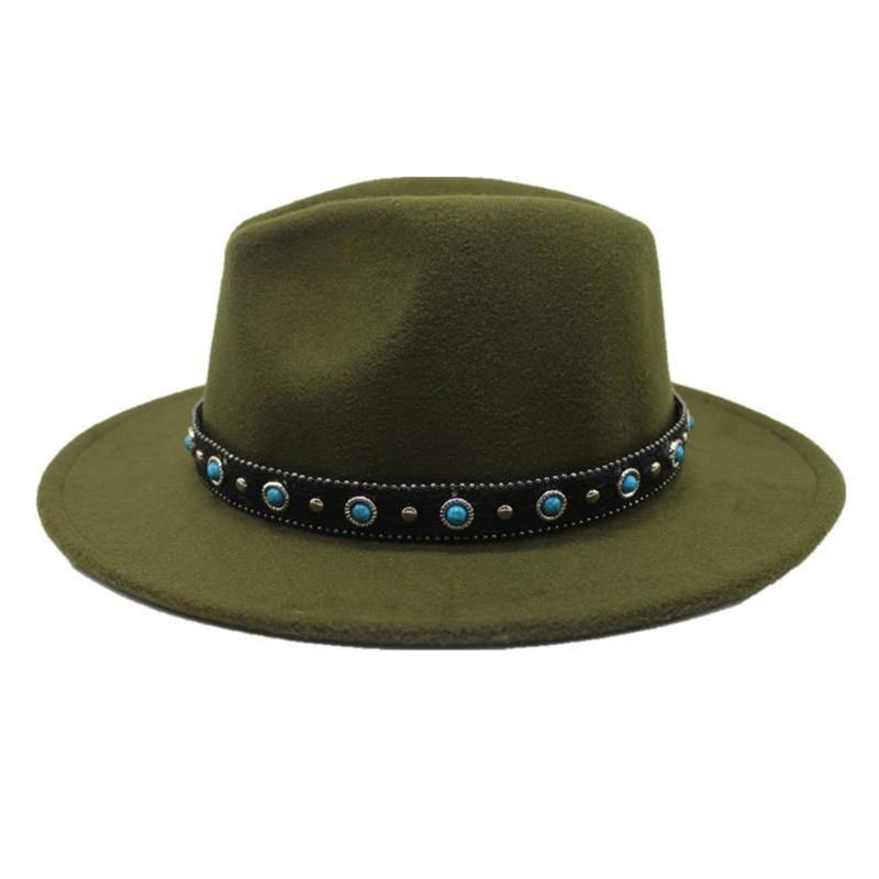 

Vintage Authentic Fedora Hat For Men Women With Punk Belt Winter Outdoor Casual Hat Wide Brim Size 56-58CM, Army green