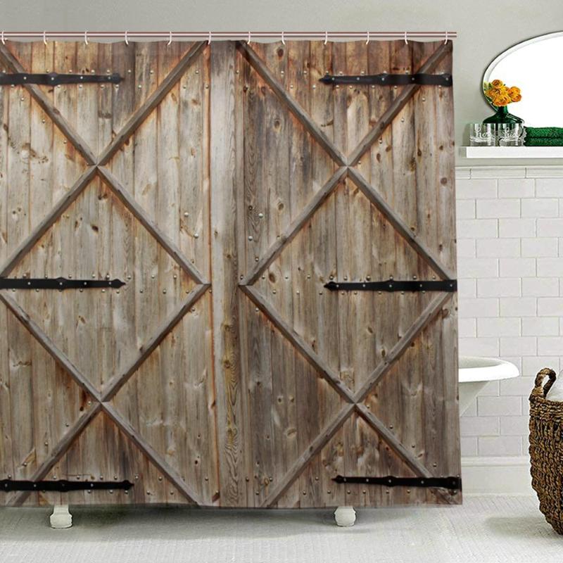 

Rustic Shower Curtain Old Wooden Barn Door of Farmhouse Oak Countryside Print Cloth Fabric Bathroom Curtain with 12 Hooks