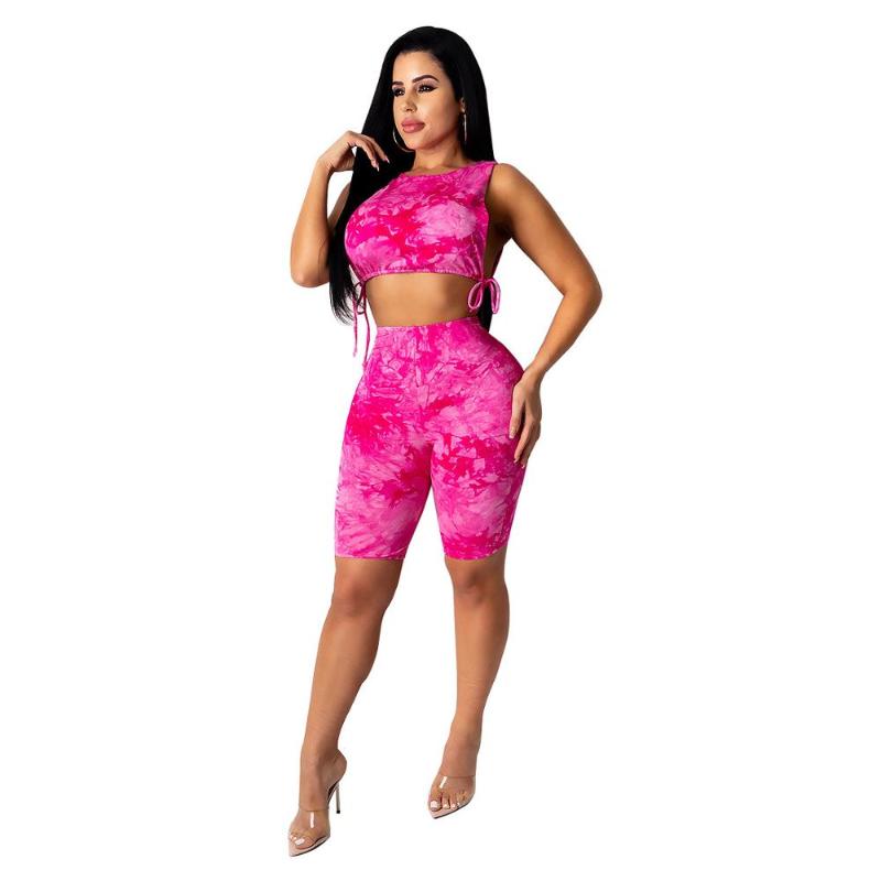 

summer 2020 hot sale women street hip hop style sets sleeveless round neck top elastic short pants pure color two piece sets, Rose red