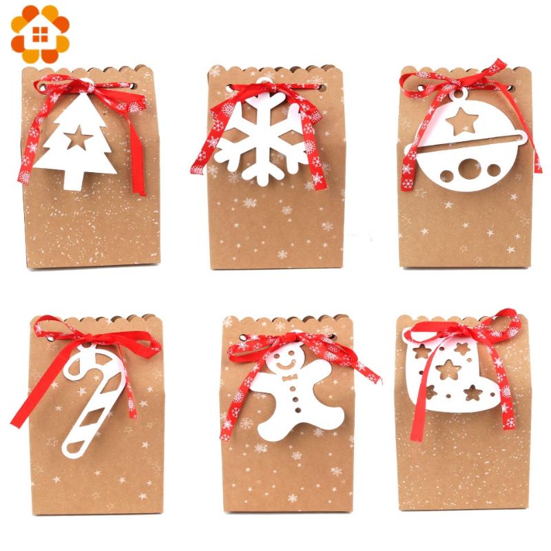 

3PCS Christmas Kraft Printed Candy Gift Bags With Tag Ribbon Cookie Bags Merry Christmas Guests Packaging Boxes Party Decoration